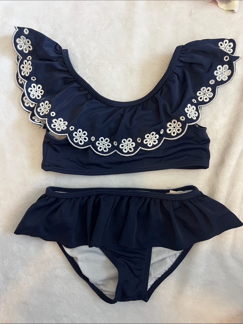 Janie and Jack Girls Navy Ruffle Two-Piece Swim Set with White Embroidery